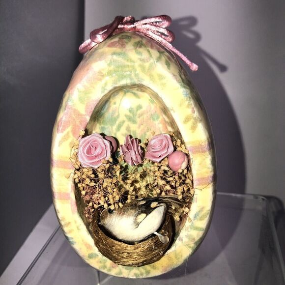 DECOUPAGED diorama EGG glazed bird and flower 1988 vintage 3x4”